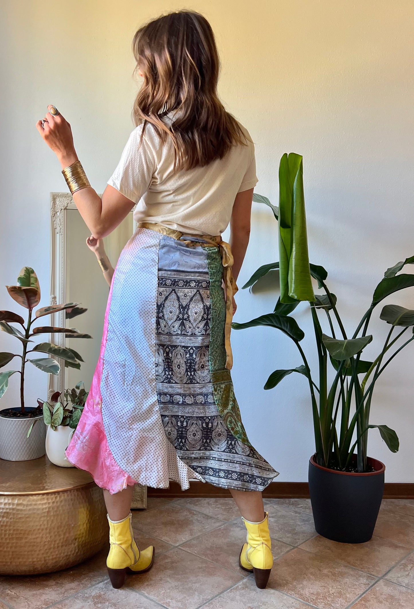 1990's vintage multicolor patchwork silk wrap midi skirt