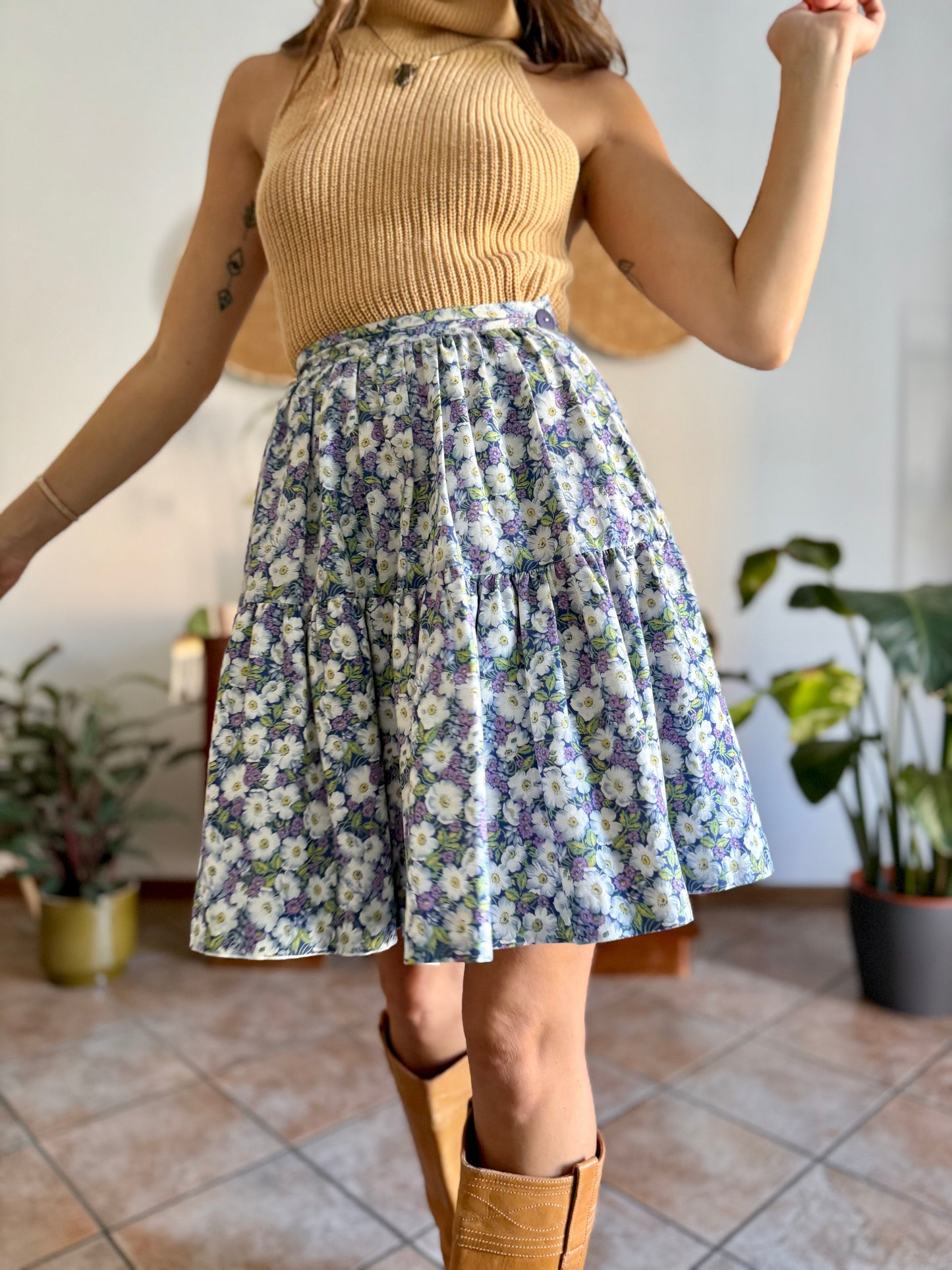 1970's vintage blue green and purple floral skirt