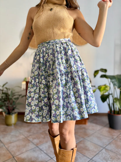 1970's vintage blue green and purple floral skirt