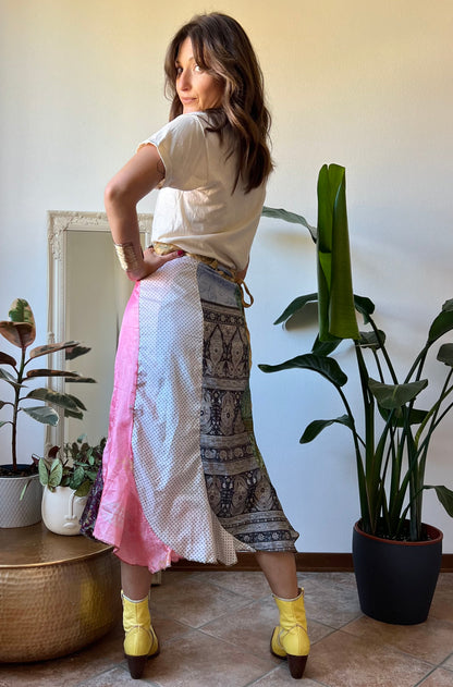 1990's vintage multicolor patchwork silk wrap midi skirt
