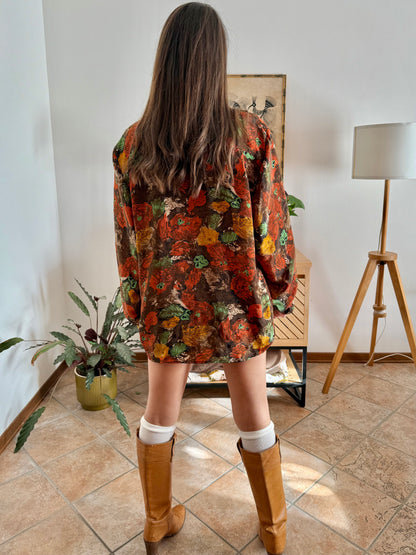 1970's vintage chocolate brown and orange abstract floral print blouse