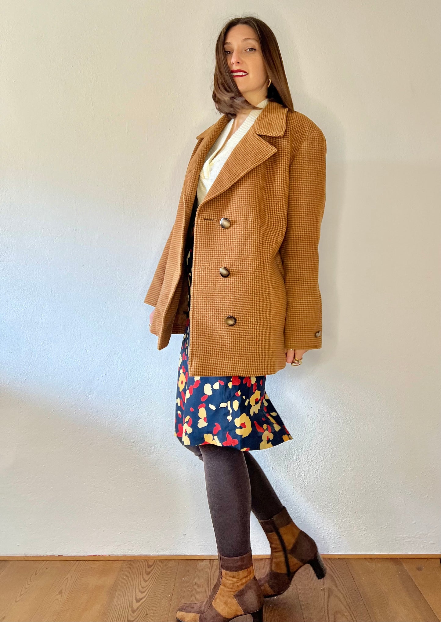 1970's vintage beige and tan houndstooth wool over coat