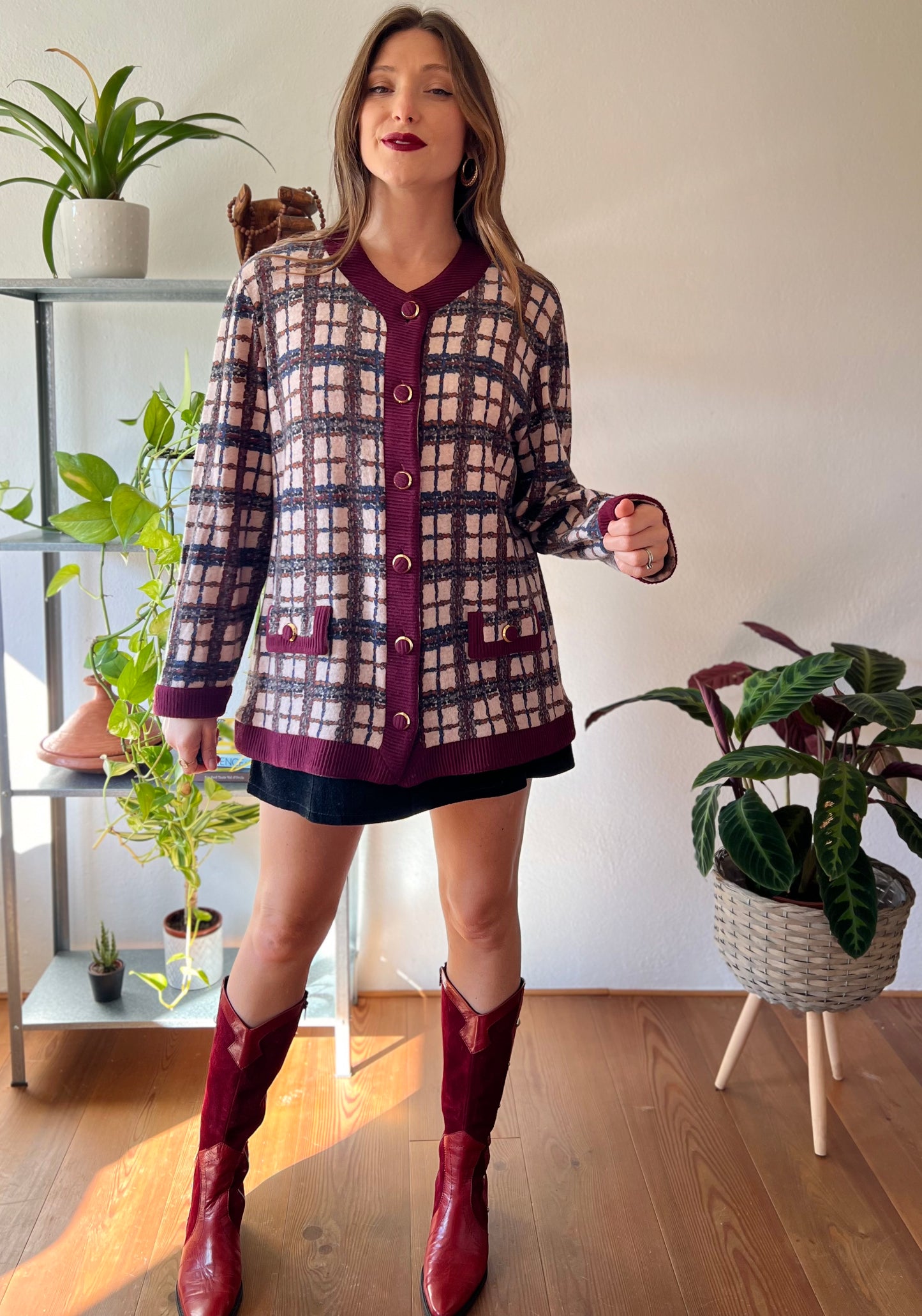 1970's vintage burgundy and blue plaid oversize cardigan