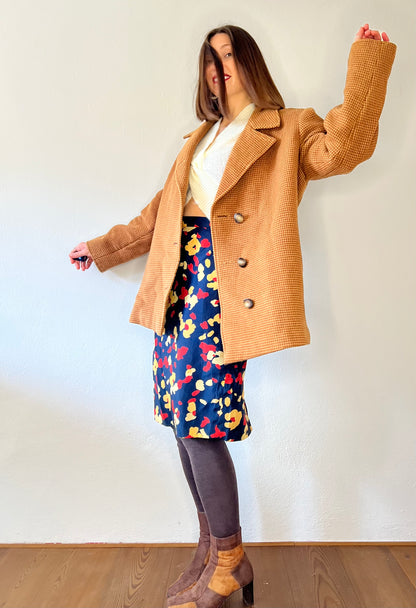 1970's vintage beige and tan houndstooth wool over coat