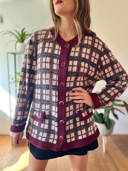 1970's vintage burgundy and blue plaid oversize cardigan