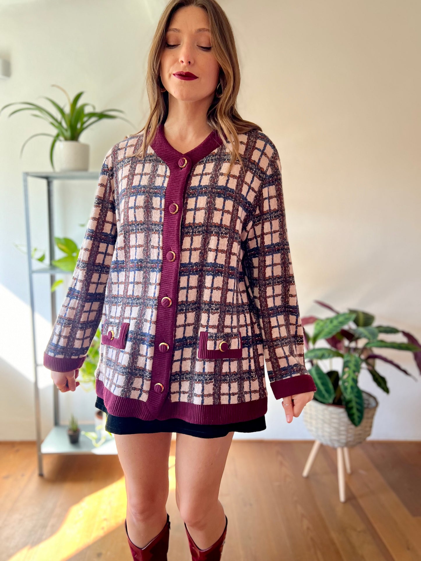 1970's vintage burgundy and blue plaid oversize cardigan