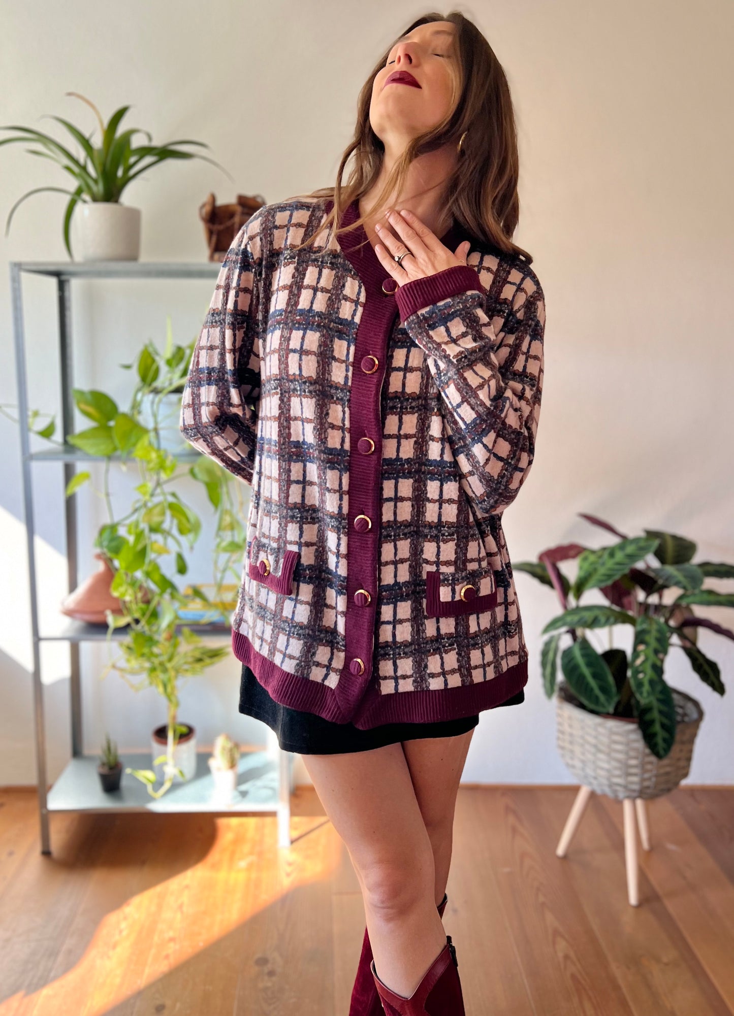 1970's vintage burgundy and blue plaid oversize cardigan