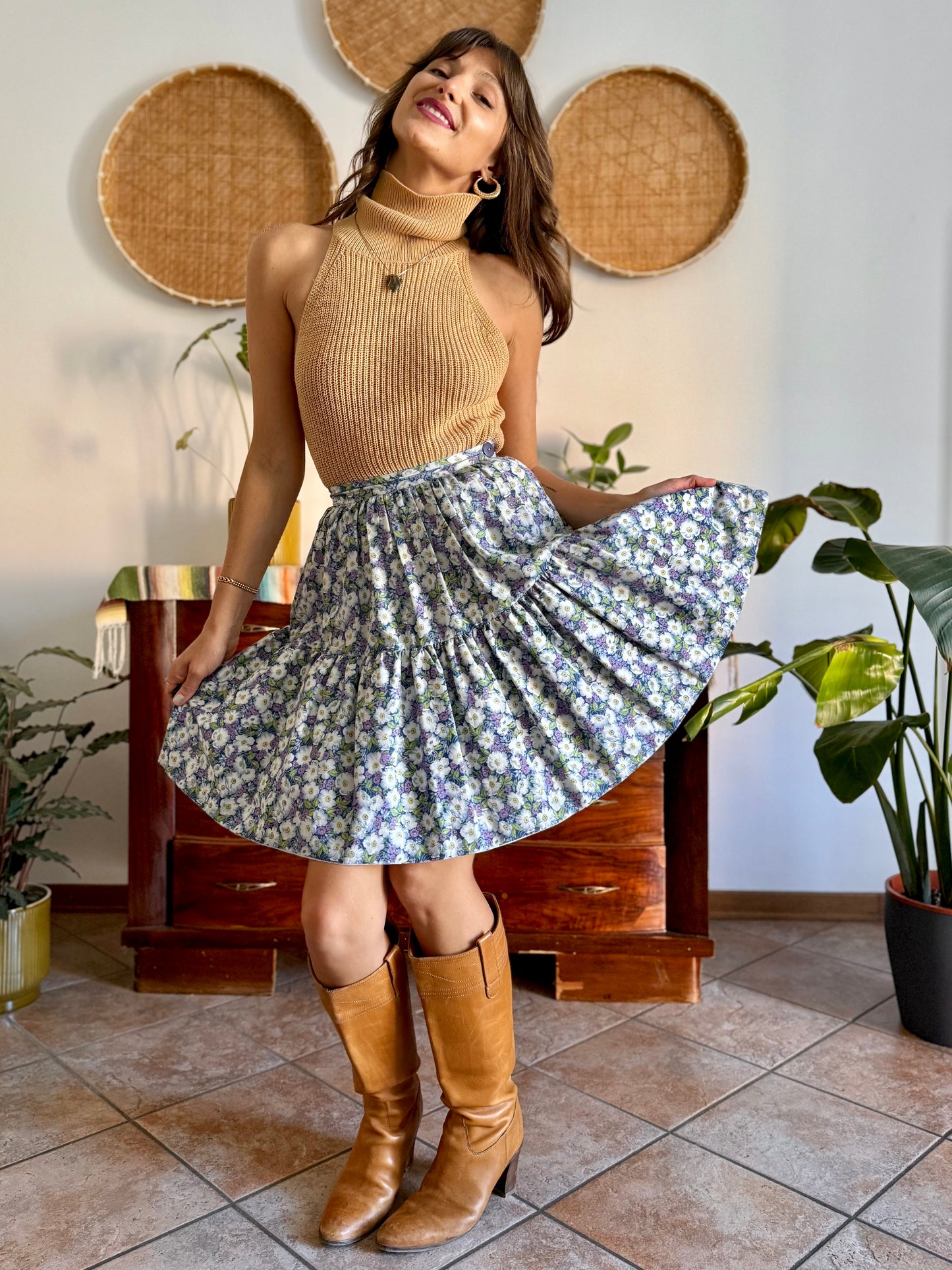 1970's vintage blue green and purple floral skirt