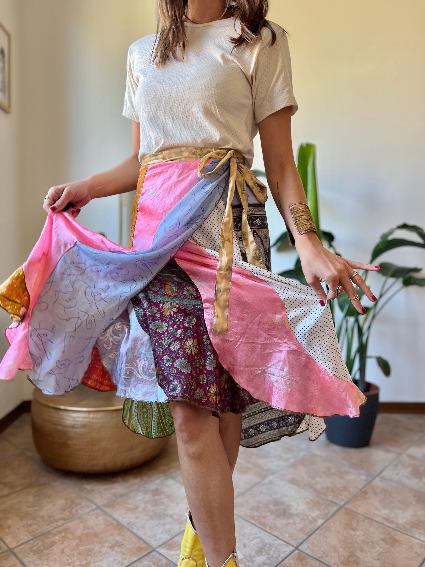 1990's vintage multicolor patchwork silk wrap midi skirt
