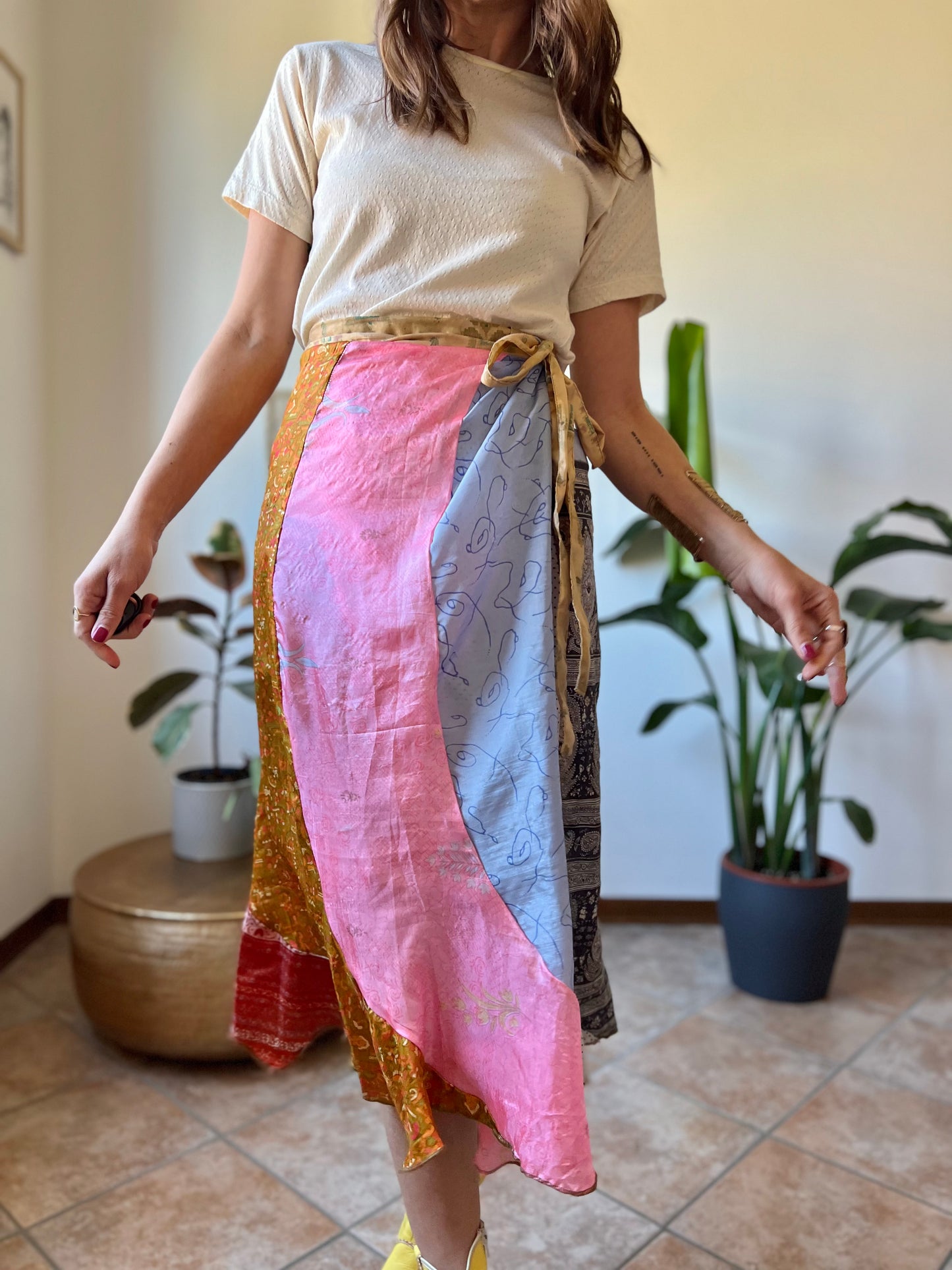 1990's vintage multicolor patchwork silk wrap midi skirt