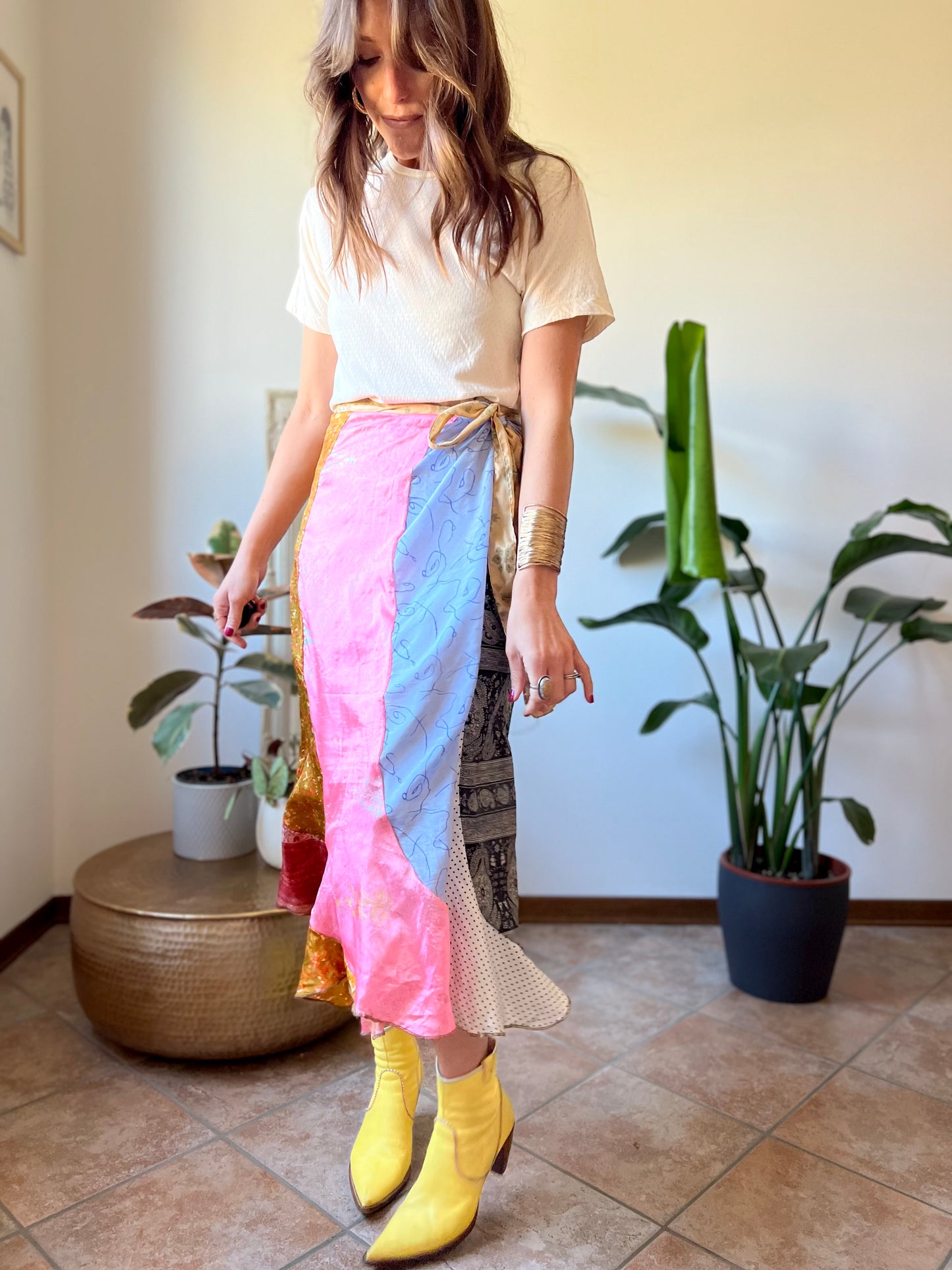 1990's vintage multicolor patchwork silk wrap midi skirt