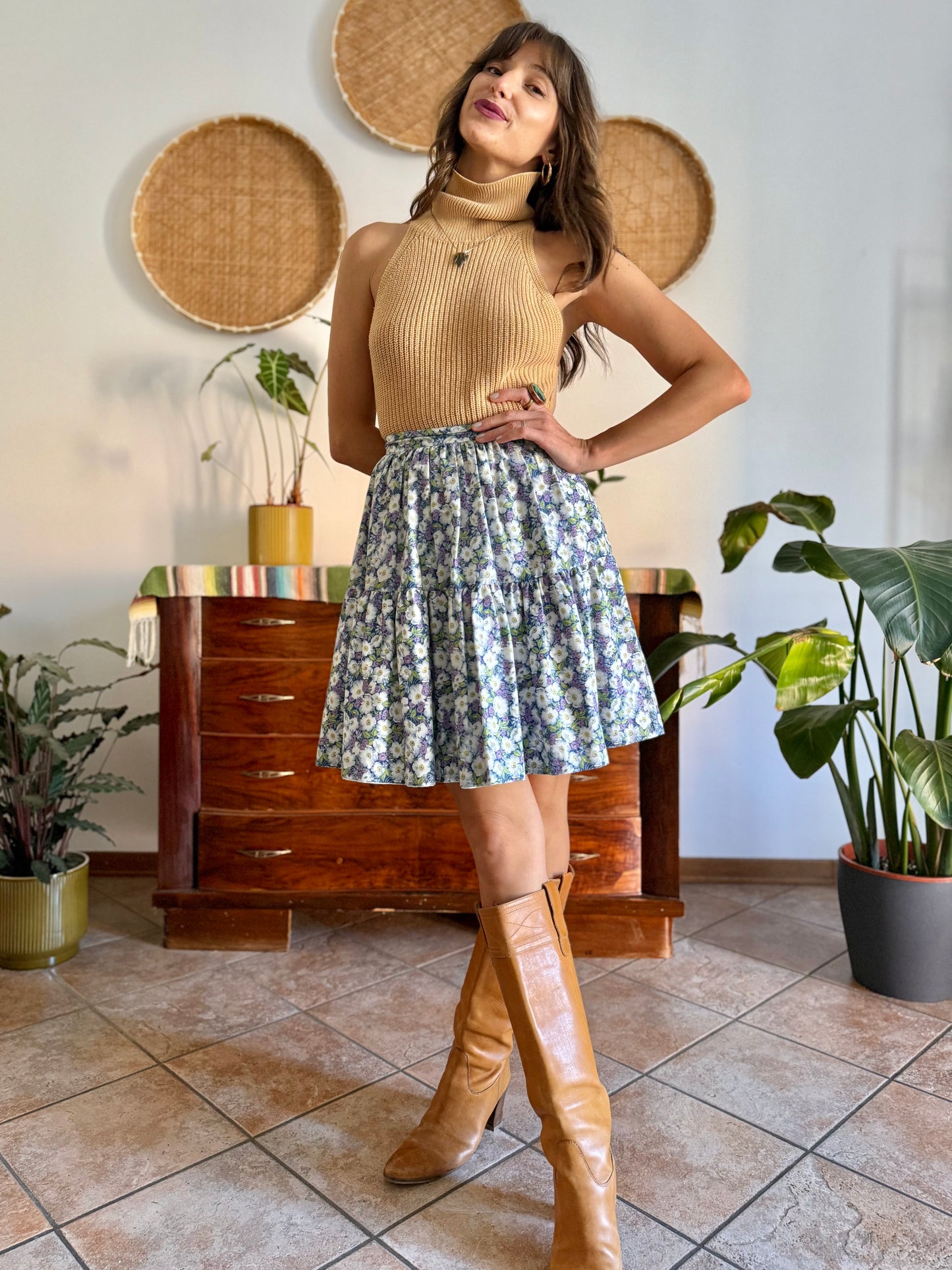 1970's vintage blue green and purple floral skirt