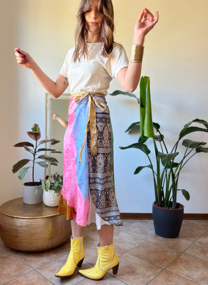 1990's vintage multicolor patchwork silk wrap midi skirt