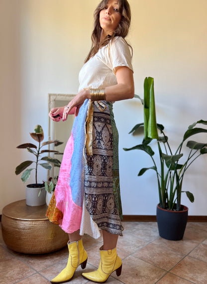 1990's vintage multicolor patchwork silk wrap midi skirt