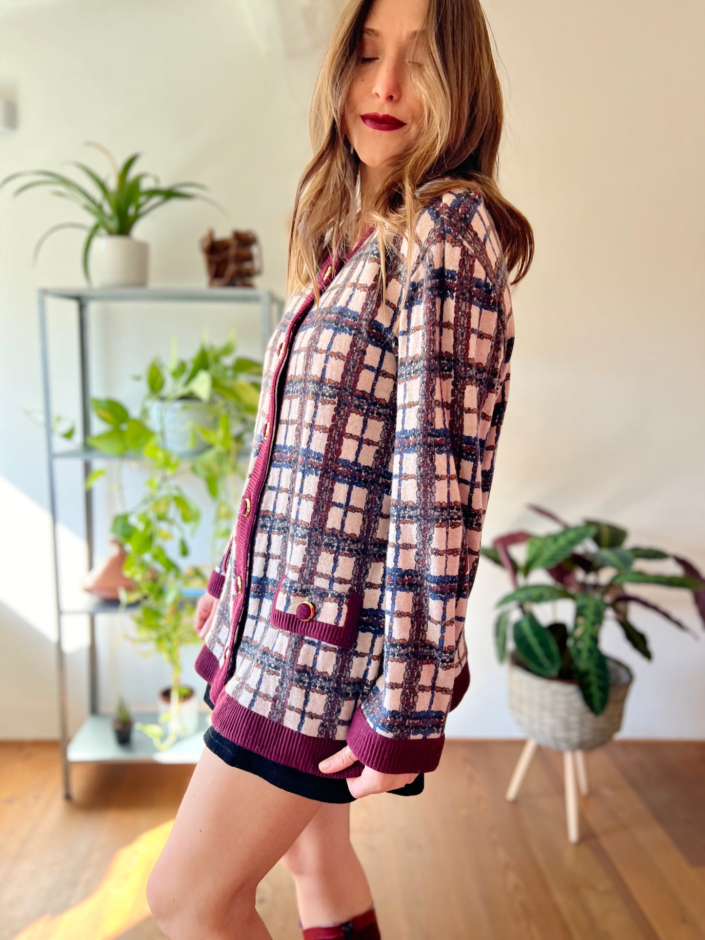 1970's vintage burgundy and blue plaid oversize cardigan