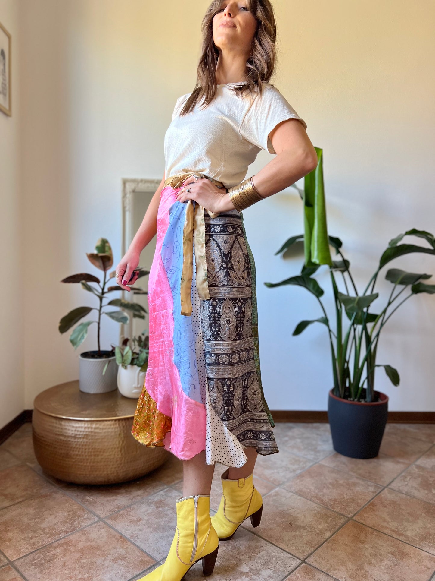 1990's vintage multicolor patchwork silk wrap midi skirt