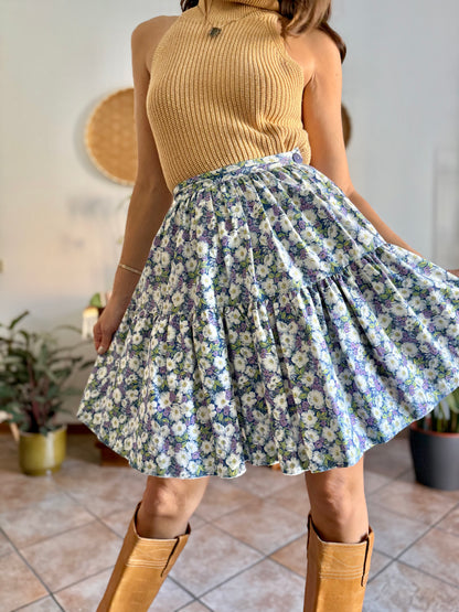 1970's vintage blue green and purple floral skirt