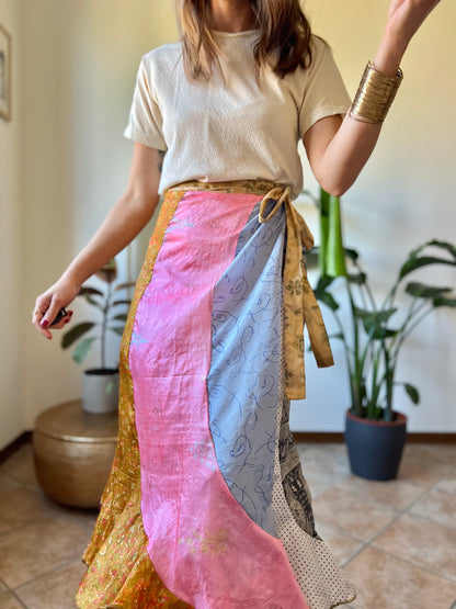 1990's vintage multicolor patchwork silk wrap midi skirt
