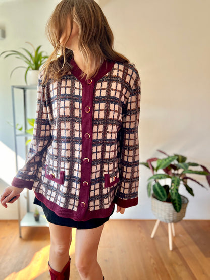 1970's vintage burgundy and blue plaid oversize cardigan