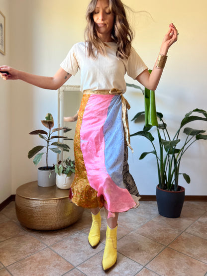 1990's vintage multicolor patchwork silk wrap midi skirt