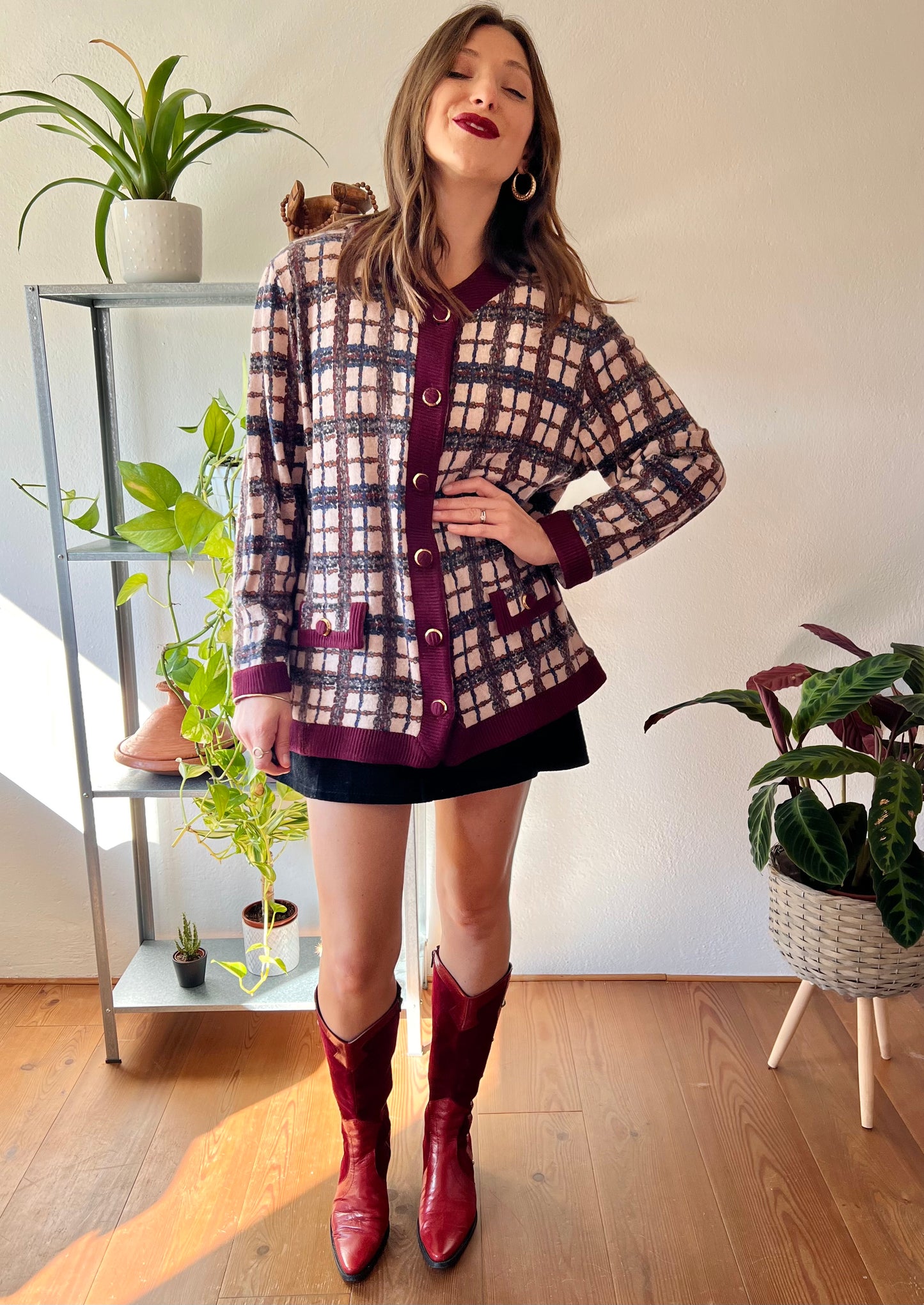 1970's vintage burgundy and blue plaid oversize cardigan