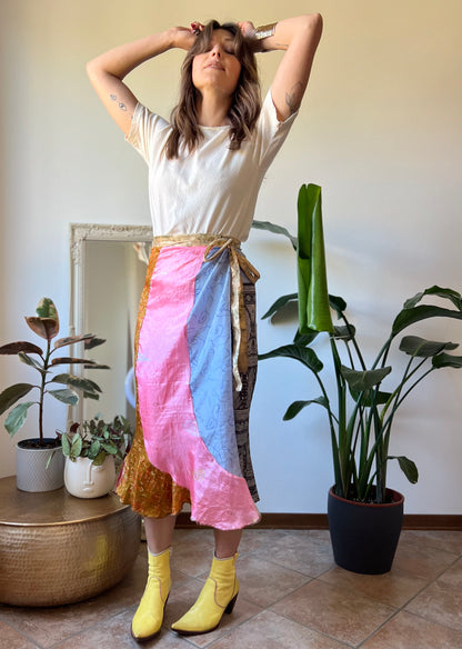 1990's vintage multicolor patchwork silk wrap midi skirt