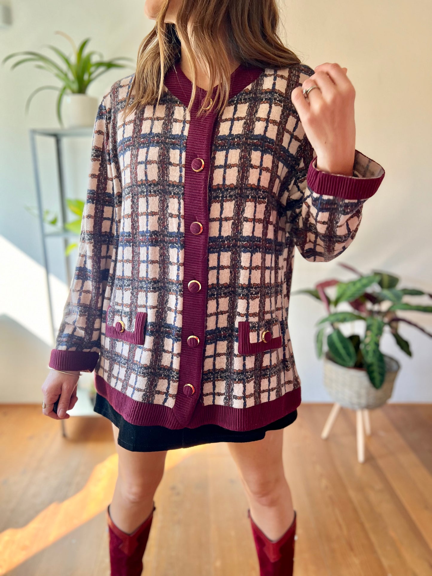 1970's vintage burgundy and blue plaid oversize cardigan