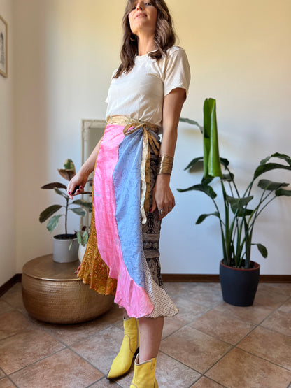 1990's vintage multicolor patchwork silk wrap midi skirt