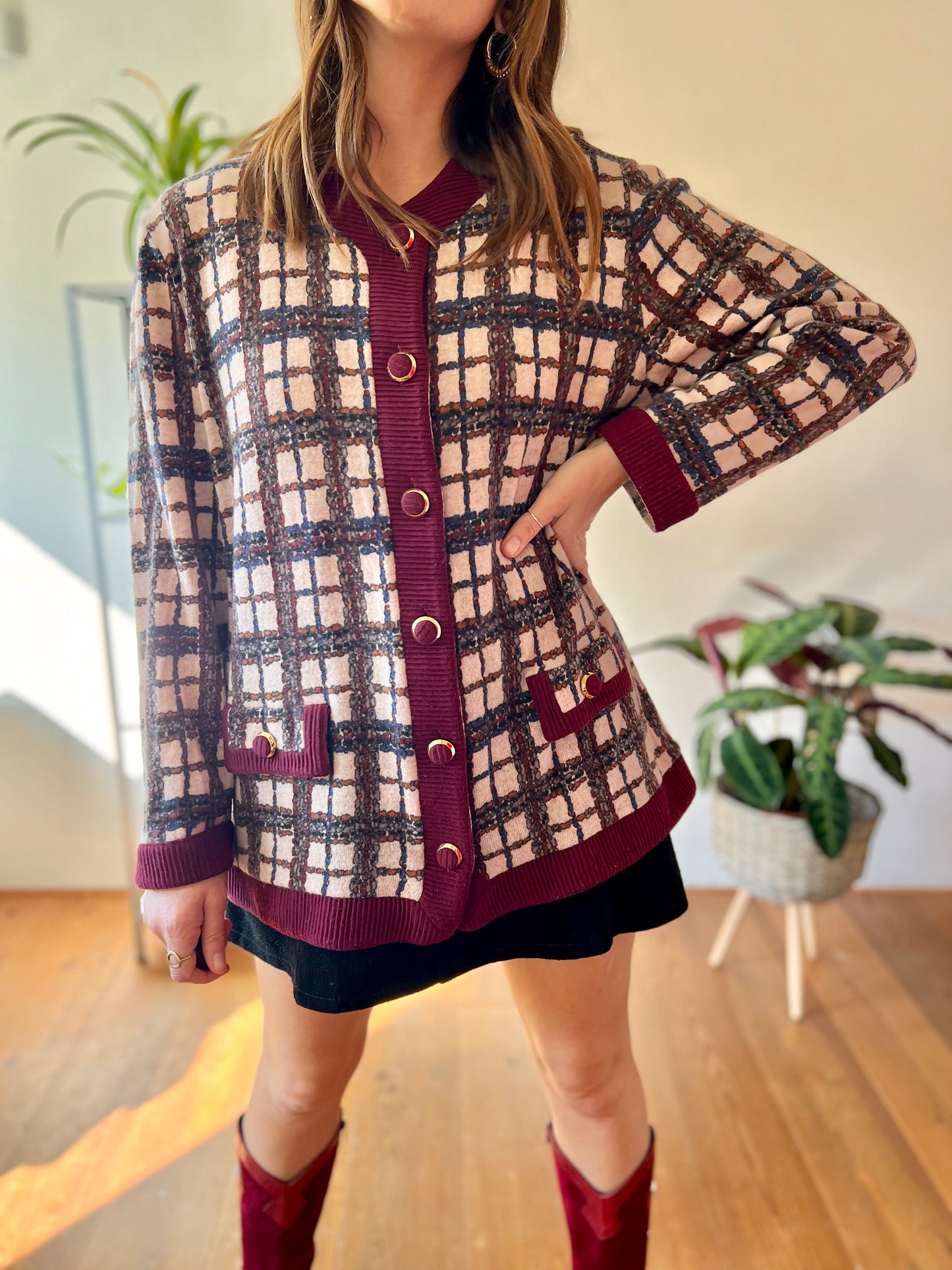 1970's vintage burgundy and blue plaid oversize cardigan