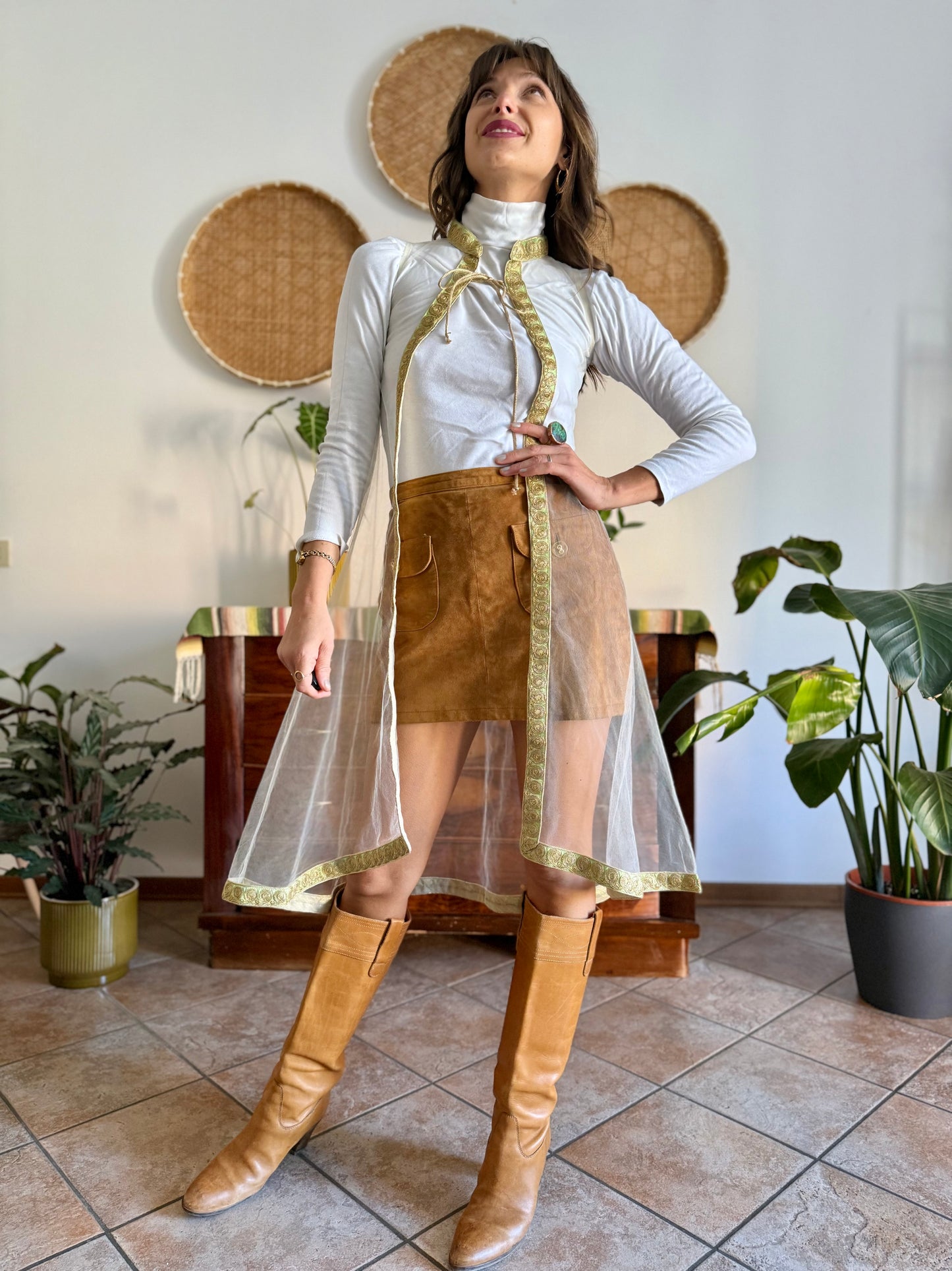 1970's vintage mesh cape with gold, silver and mint green embroidered trimming