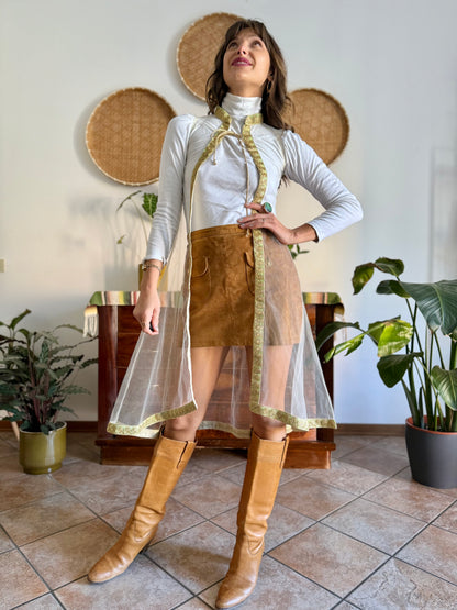 1970's vintage mesh cape with gold, silver and mint green embroidered trimming