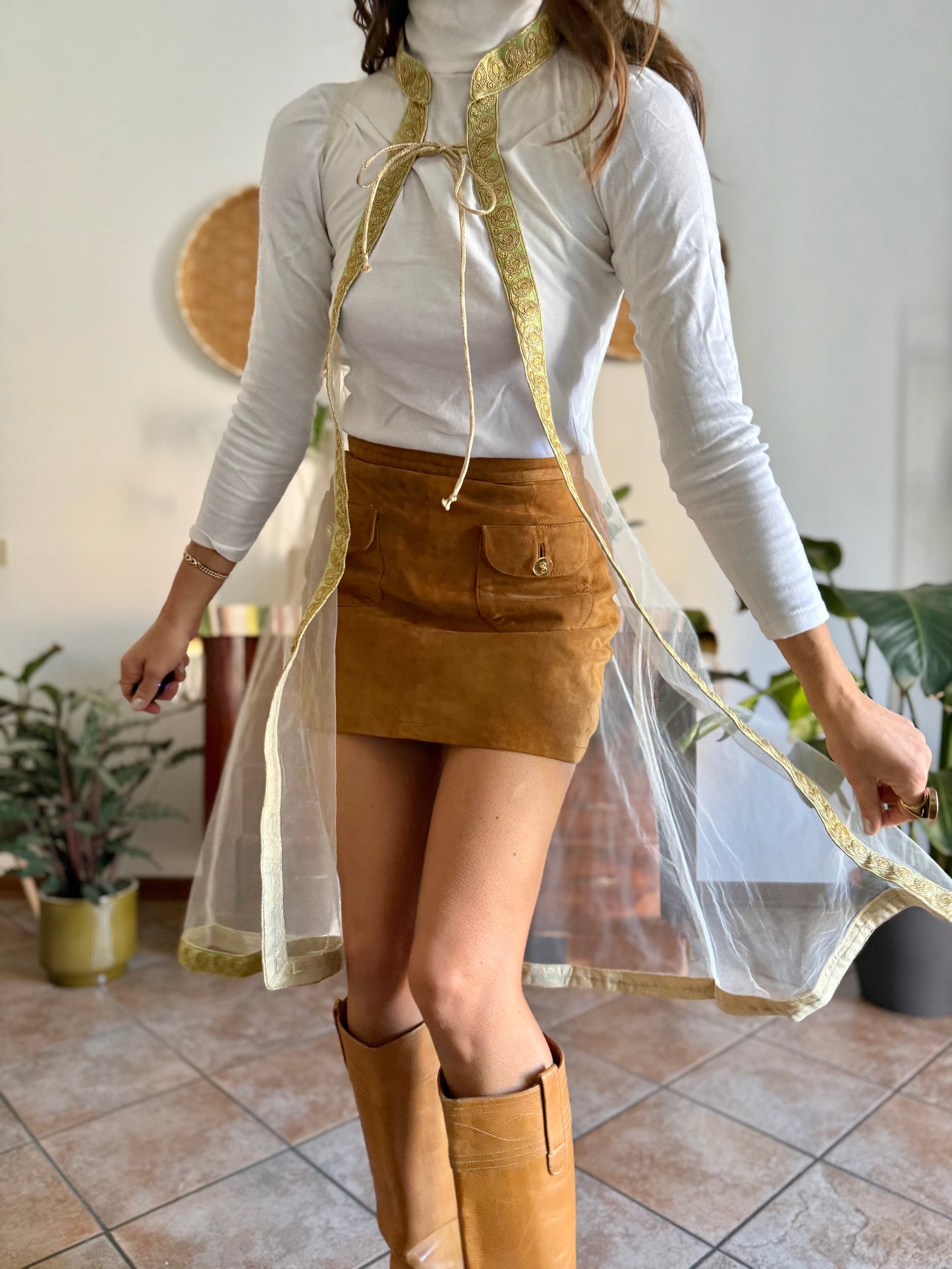 1970's vintage mesh cape with gold, silver and mint green embroidered trimming