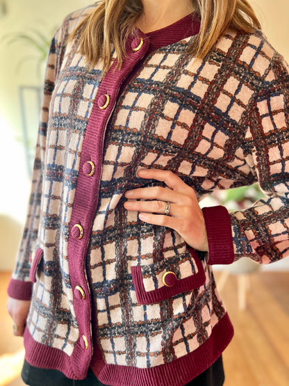 1970's vintage burgundy and blue plaid oversize cardigan