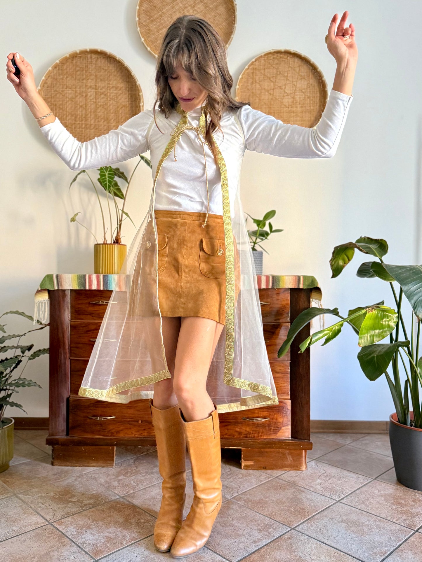 1970's vintage mesh cape with gold, silver and mint green embroidered trimming