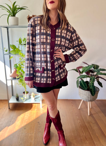 1970's vintage burgundy and blue plaid oversize cardigan