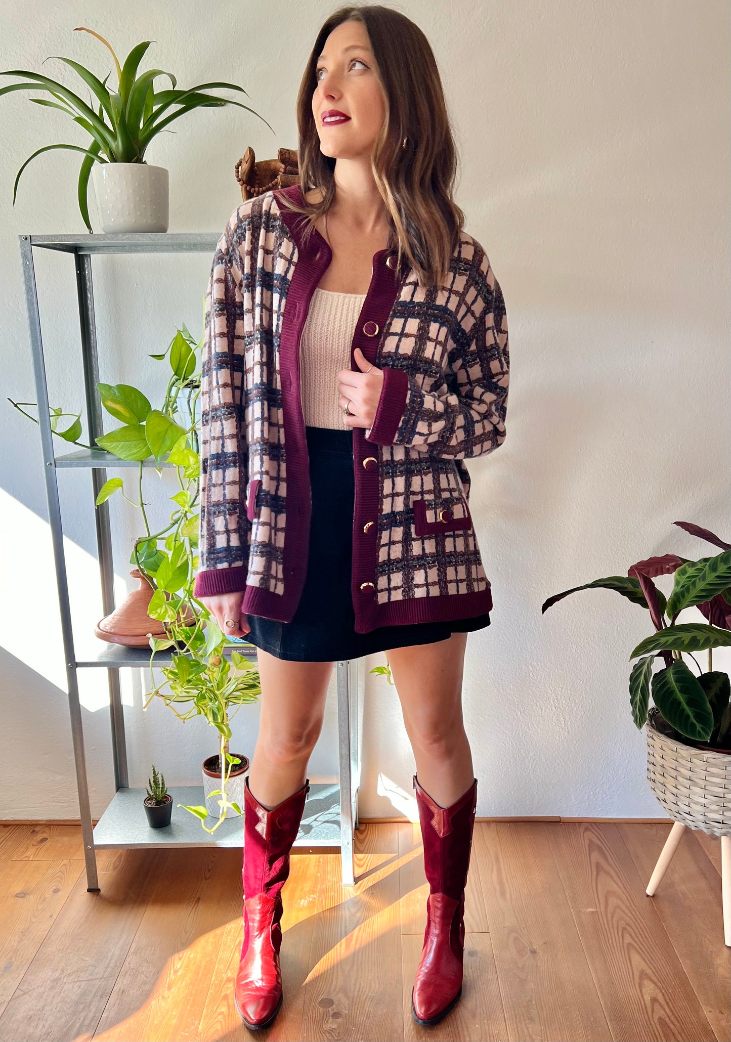 1970's vintage burgundy and blue plaid oversize cardigan