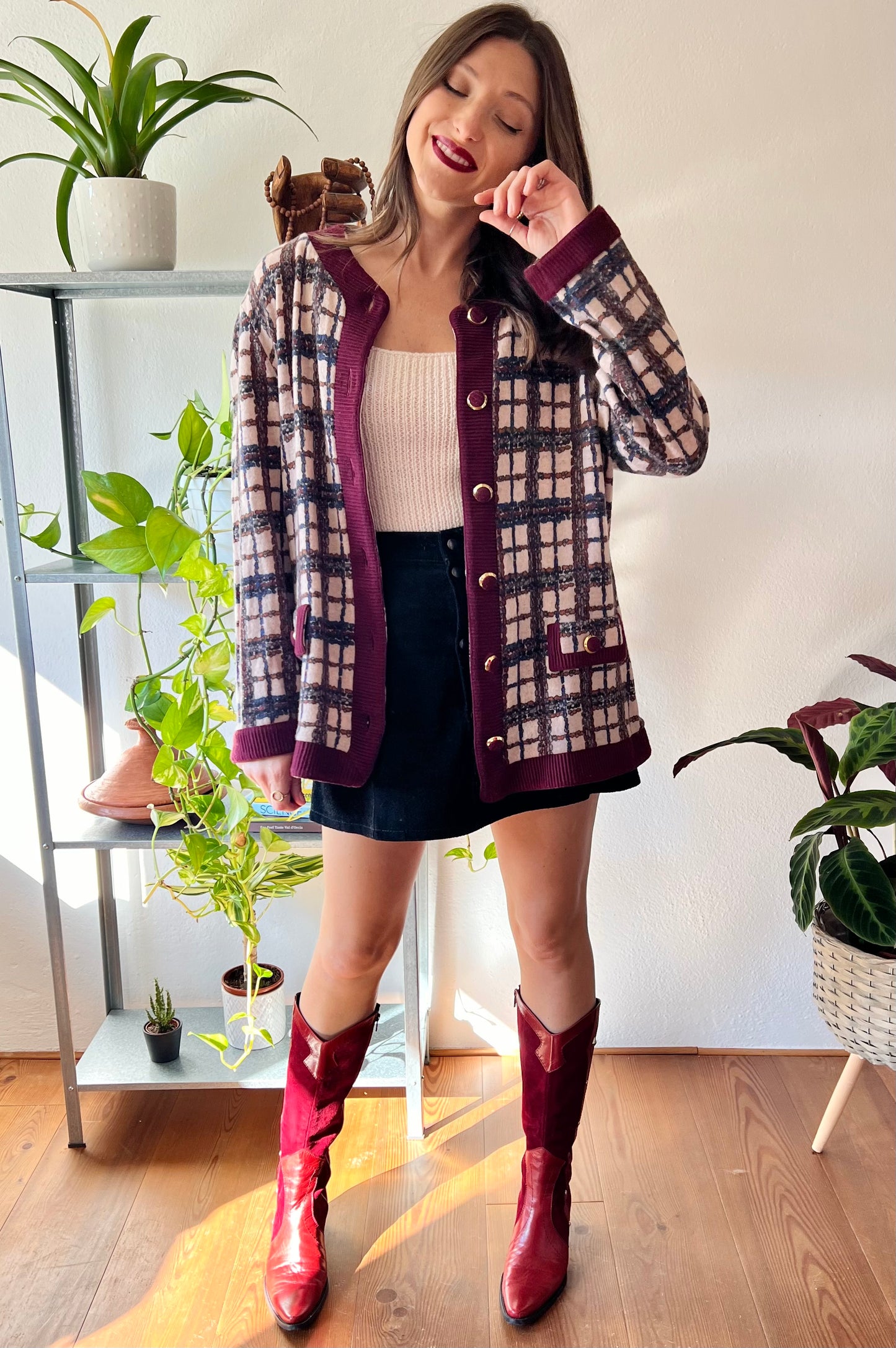 1970's vintage burgundy and blue plaid oversize cardigan