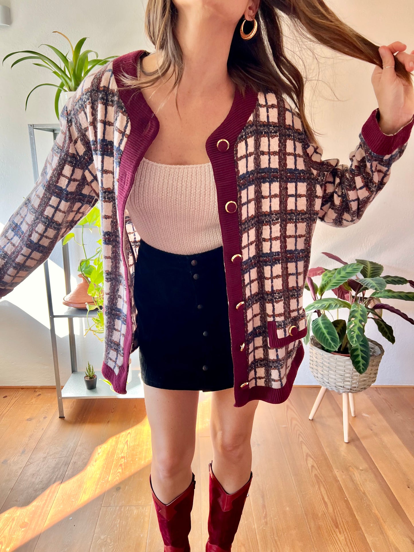 1970's vintage burgundy and blue plaid oversize cardigan