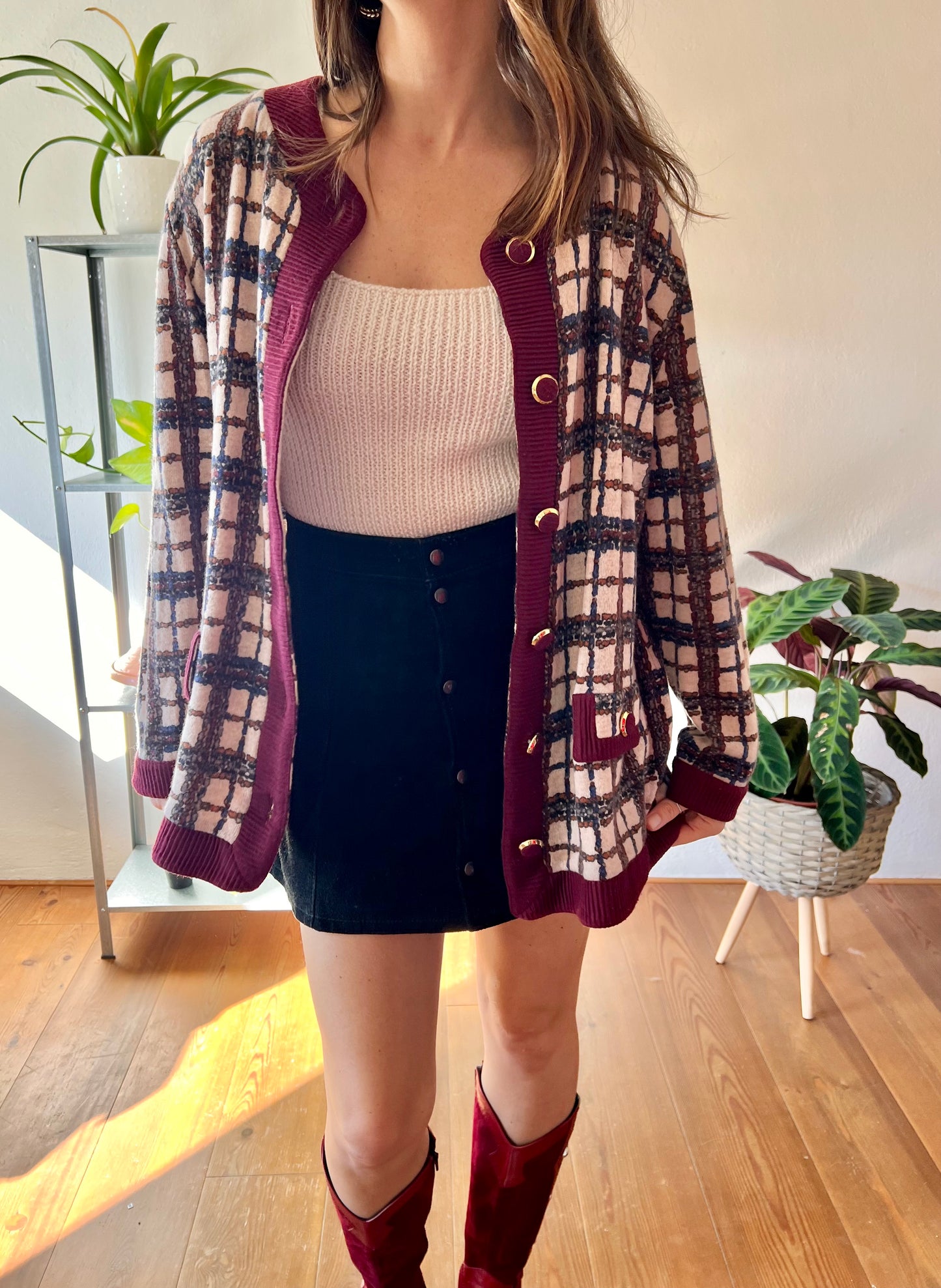 1970's vintage burgundy and blue plaid oversize cardigan