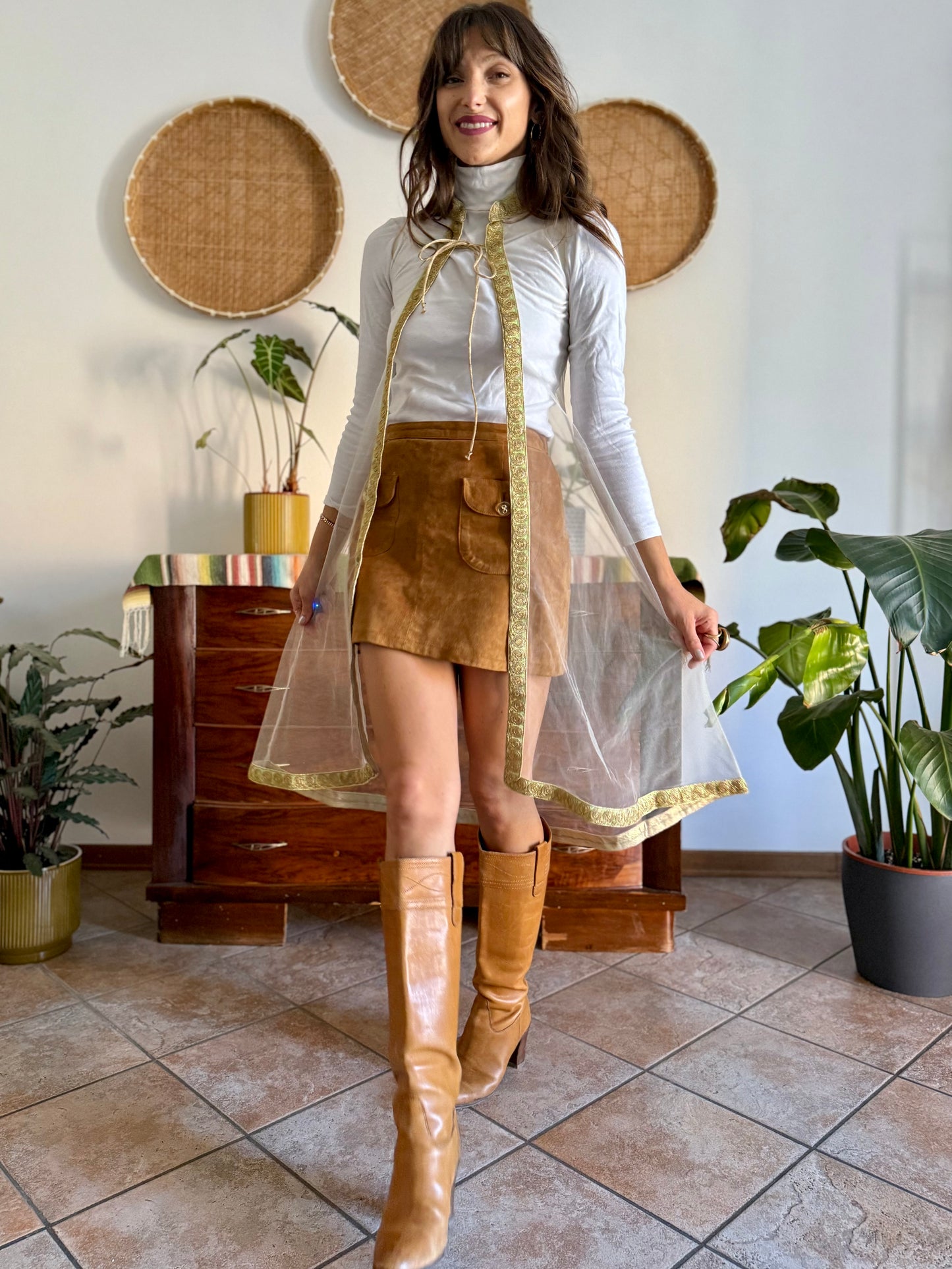 1970's vintage mesh cape with gold, silver and mint green embroidered trimming