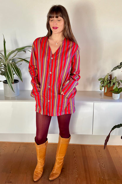 1970's vintage red and purple vertical stripe shirt dress