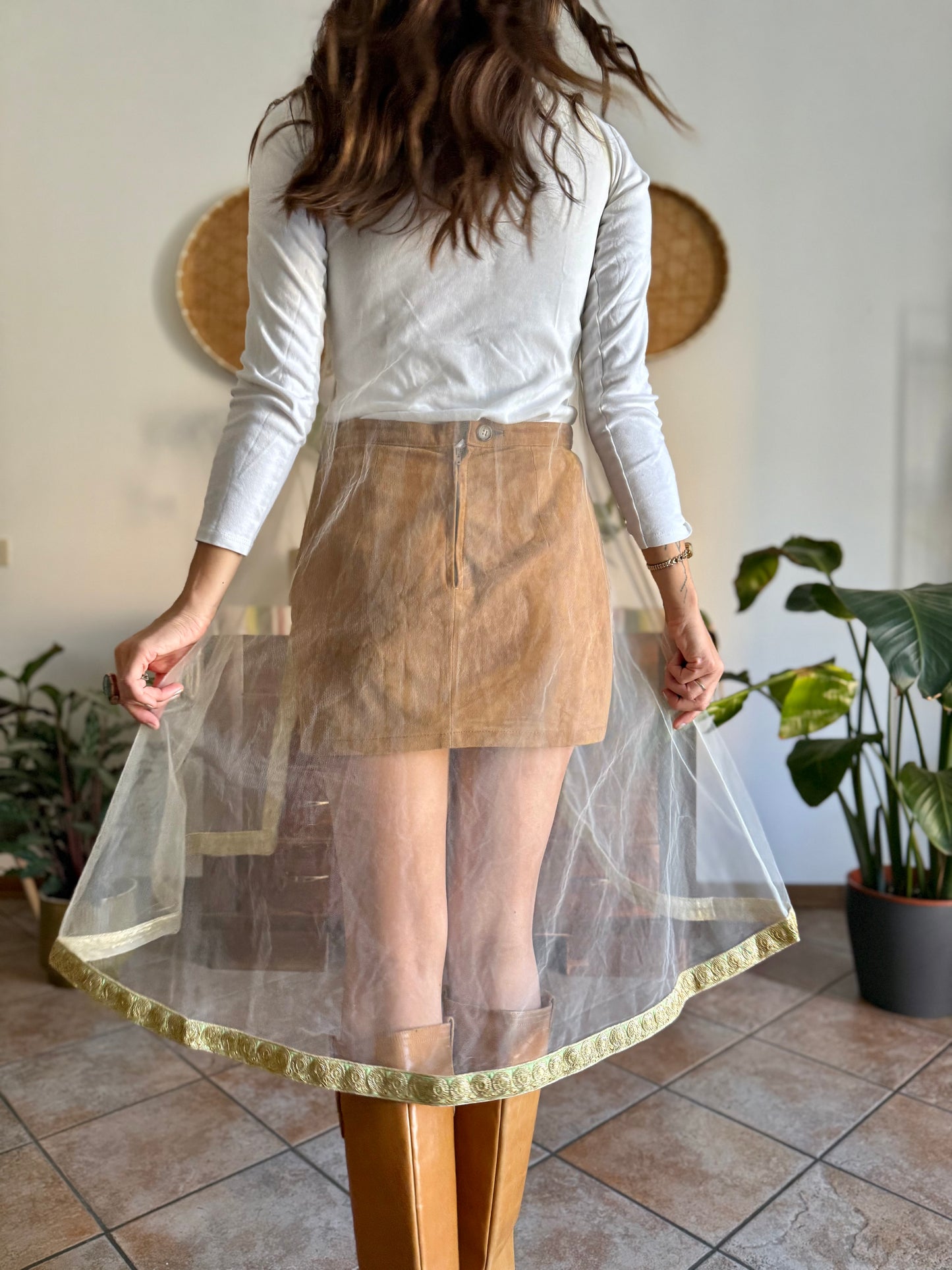 1970's vintage mesh cape with gold, silver and mint green embroidered trimming