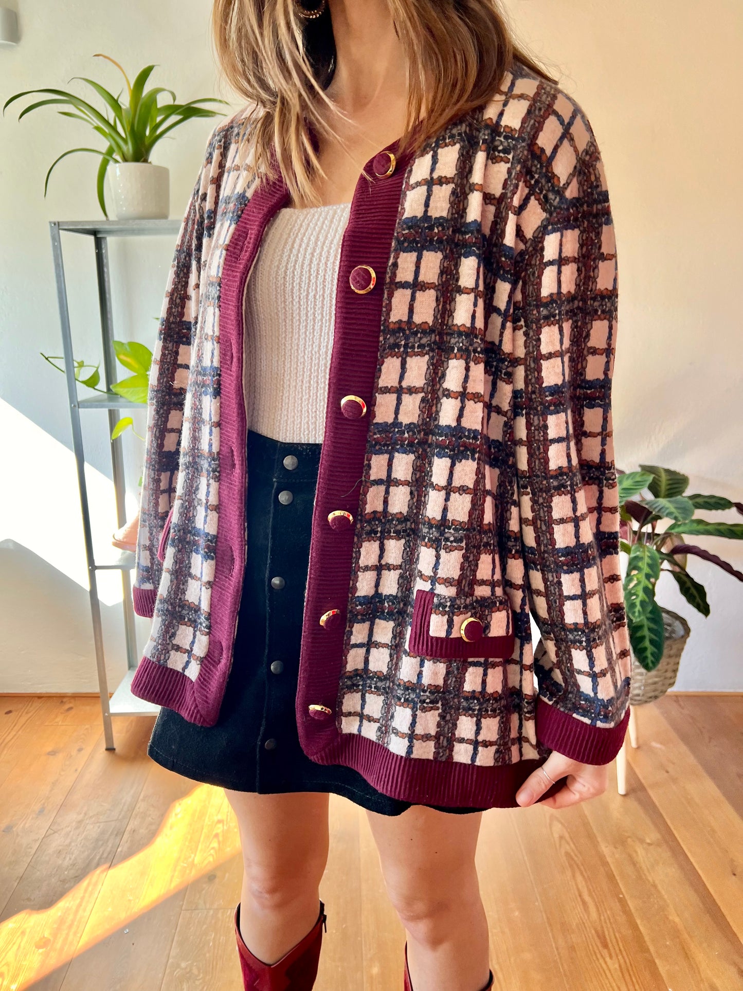 1970's vintage burgundy and blue plaid oversize cardigan