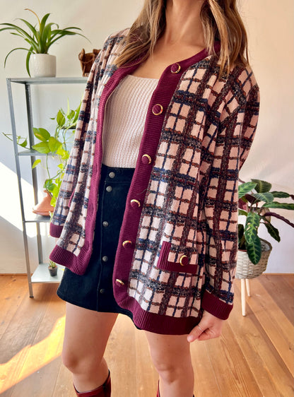 1970's vintage burgundy and blue plaid oversize cardigan