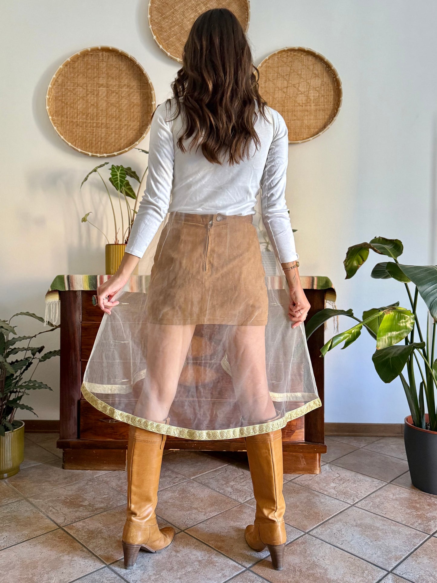 1970's vintage mesh cape with gold, silver and mint green embroidered trimming