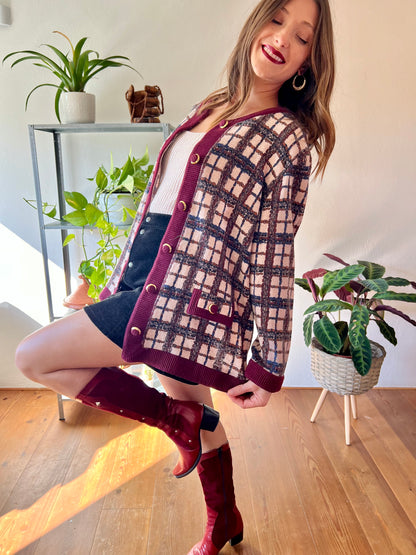 1970's vintage burgundy and blue plaid oversize cardigan