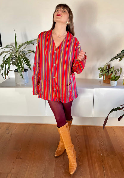 1970's vintage red and purple vertical stripe shirt dress