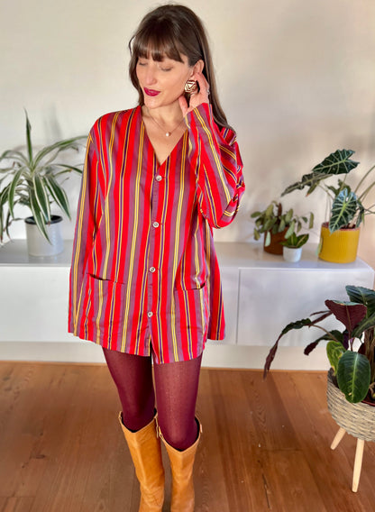 1970's vintage red and purple vertical stripe shirt dress