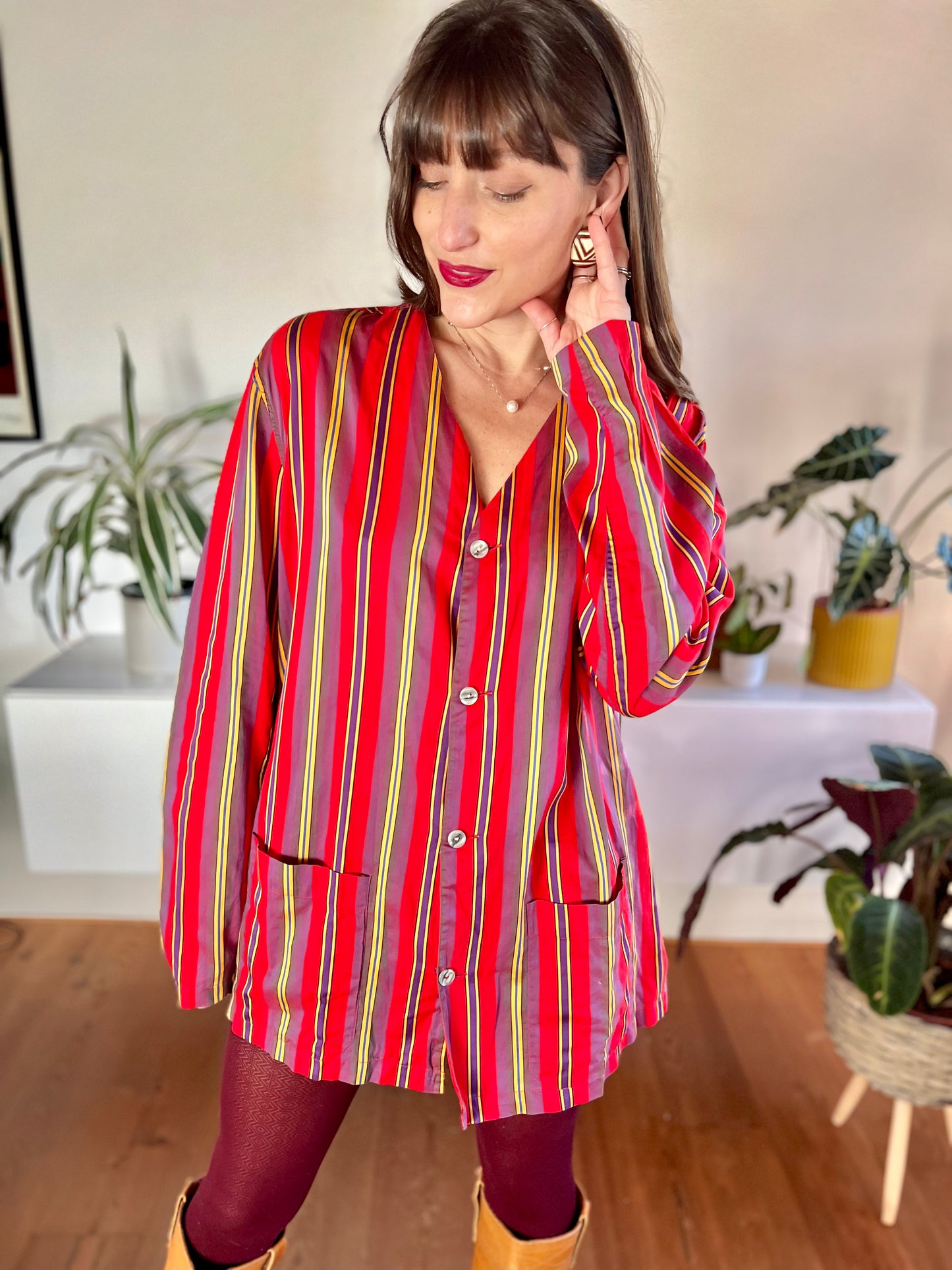 1970's vintage red and purple vertical stripe shirt dress