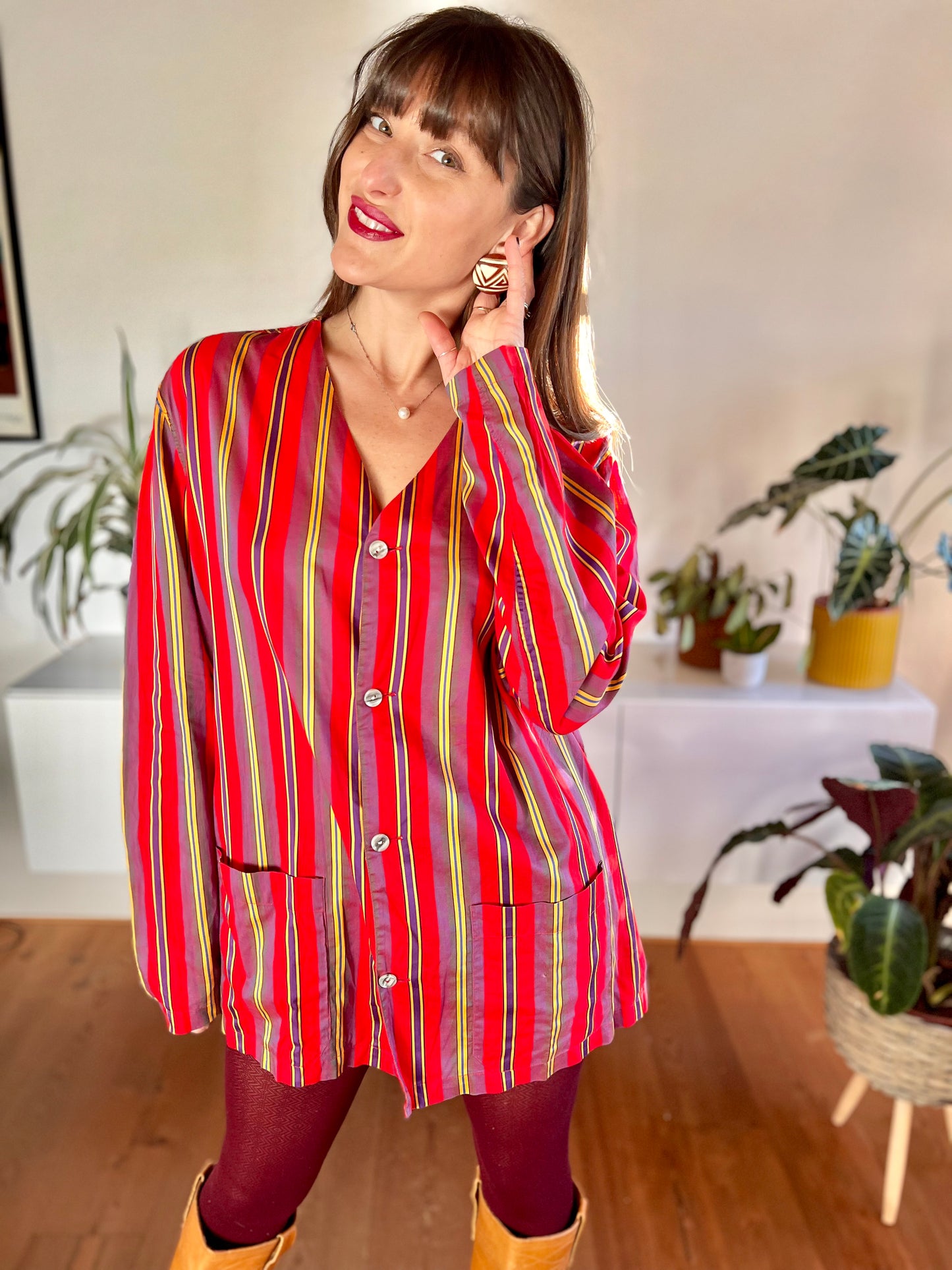 1970's vintage red and purple vertical stripe shirt dress